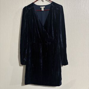 Blue Velvet V Neck Dress H & M Long Sleeve Party Wedding Fun Winter Women’s 8